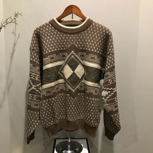 Saxony Collection Leather patchwork Sweater Men's Large Vintage abstract Brown